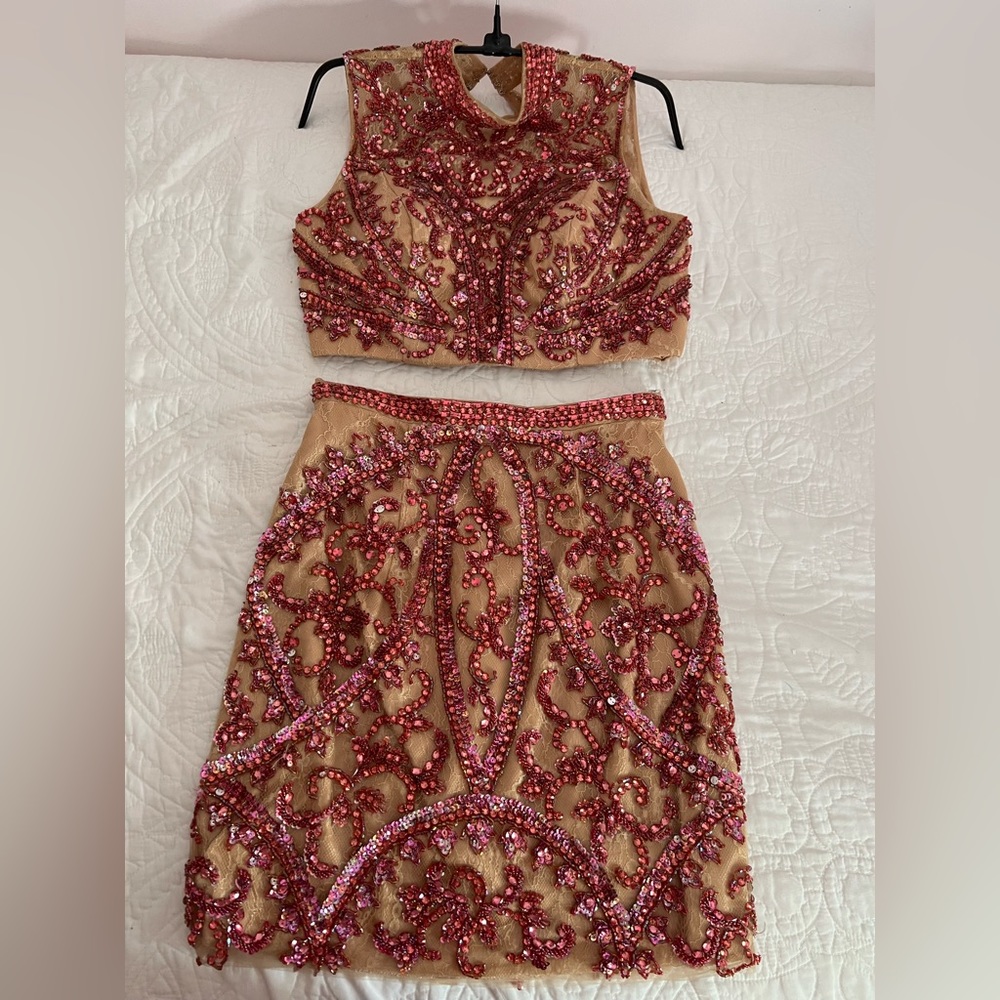 Sherri Hill Red and Gold Embellished Prom Dress